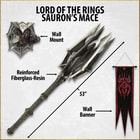 Zoomed view of oversized gold plated One Ring worn by Sauron displayed on a polystone wall mount
