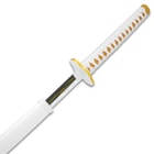 The sword’s blade with yellow lightning bolt is shown with white cord wrapped yellow faux ray skin handle and white scabbard.