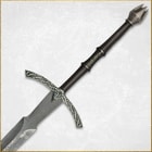 Lord of the Rings replica witch king stainless sword with a genuine leather wrapped handle displayed on a wooden wall plaque
