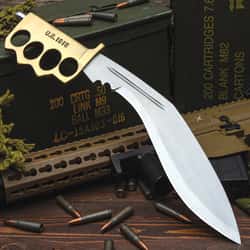 1918 Combat Kukri Trench Knife And Sheath - 1095 Carbon Steel Blade, Brass Knuckle Guard Handle - Length 16”
