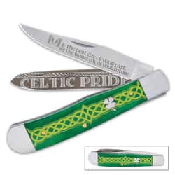 Celtic Trapper Pocket Knife - Stainless Steel Blades, Laser-Etched Art, Dyed Bone Handle Scales, Brass Pins