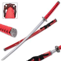 Red Dragon Katana And Scabbard - Carbon Steel Blade, Cord-Wrapped Handle, Faux Rayskin, Metal Tsuba - Length 37 1/4”