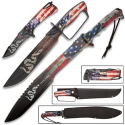 American Patriot Knife Set - Includes Bowie, Pocket Knife And Machete, American Flag Artwork, Stainless Steel Blades