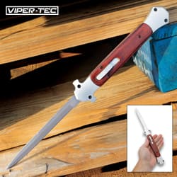 Viper-Tec The Gargantuan Large Godfather Wooden OTF Stiletto Knife - Stainless Steel Blade, Wooden Handle - Length 13"