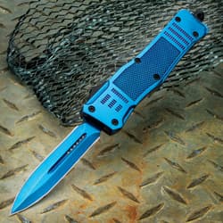 Electric Blue Automatic OTF Pocket Knife - Stainless Steel Blade, Aluminum Handle, Slide Trigger - Closed 5 3/4”