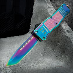 Rainbow Automatic OTF Pocket Knife - Stainless Steel Blade, Aluminum Handle, Slide Trigger - Closed 5 3/4”