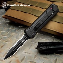 Smith & Wesson Serrated OTF Pocket Knife - AUS-8 Stainless Steel Blade, Aluminum Handle, Glassbreaker - Length 8 3/5”