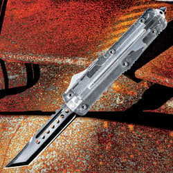 Transparent OTF Automatic Knife And Sheath - Stainless Steel Blade, TPU Handle, Glassbreaker Pommel - Length 9"