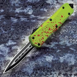 Zombie Apocalypse OTF Automatic Knife And Sheath - Stainless Steel Blade, Metal Handle - Length 7"