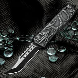 Dragon and Skull OTF Automatic Knife And Sheath - Stainless Steel Blade, Aircraft Aluminum Handle - Length 9"