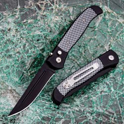 Black Carbon Fiber Automatic Knife - Stainless Steel Blade, Carbon Fiber And Steel Handle, Pocket Clip - Closed 4 1/2"
