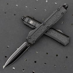 Black Dagger OTF Knife With Pouch - Stainless Steel Blade, Metal Alloy Handle, Glassbreaker Pocket Clip - Closed 5 1/4"