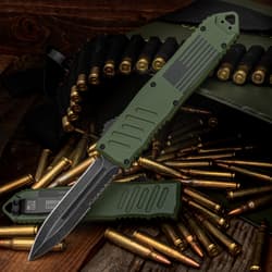 Army OD Green Dagger OTF Knife With Pouch - Stainless Steel Blade, Metal Alloy Handle, Glassbreaker, Pocket Clip