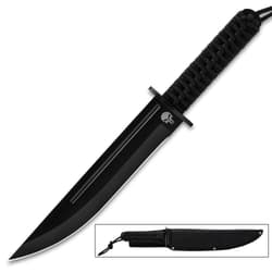 Guerrilla Fighter Knife And Sheath- 3Cr13 Stainless Steel Blade, Cord-Wrapped Handle, Black Nickel Guard - Length 14 3/4”