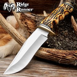 Ridge Runner Game Skinner Knife And Sheath - Stainless Steel Blade, Faux Stag Handle, Brass Half-Guard - Length 9 1/4”