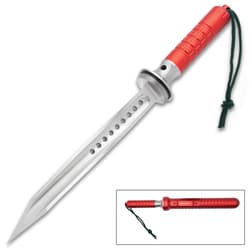 Red Helix Tri-Edge Dagger With Sheath - Stainless Steel Blade, Wrist Lanyard - Length 13 1/2”