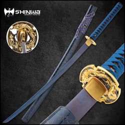 Handmade sword showcased in different angles display the blue damascus steel with genuine red rayskin handle with wood stand