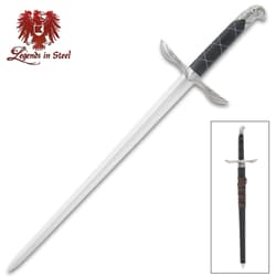Legends In Steel Mini Replica Champion Broadsword And Scabbard - Stainless Steel Blade, Metal Alloy Fittings