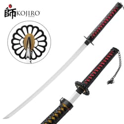 Kojiro Red Emperor Katana And Scabbard With Stand - 1045 Carbon Steel Blade, Faux Rayskin,  PU Wrap, Metal Alloy Tsuba