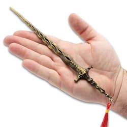 Sword laying on hand.