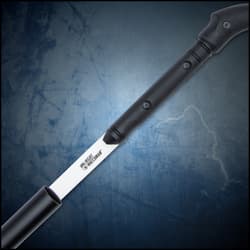 The blade is housed inside a black, hard-coated aluminum shaft that can be used as a striking weapon during an attack