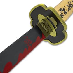 Closeup of flame patter on blade with tsuba.