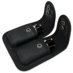 This double magazine pouch securely holds two 9MM/.45 magazines fits duty belts with up to a 2 1/4” wide belt loop