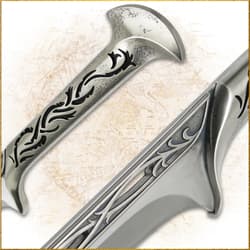 Close up of details of the silver blade and handle