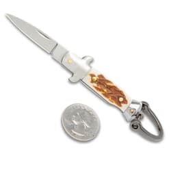 The keychain next to a quarter showing scale.