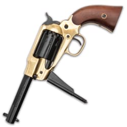 It has genuine walnut grips and a brass trigger guard, plus, it features a fixed, groove rear sight and a fixed front sight