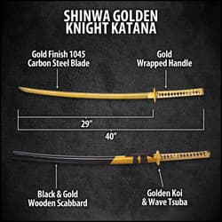 Shinwa Golden Knight Katana Sword with Wooden Scabbard - 1045 High Carbon Steel - Genuine Ray Skin