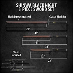 Shinwa black 3 piece japanese sword set displayed on a black lacquered wooden stand