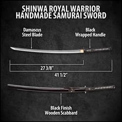 Shinwa samurai sword with direct view of faux ray skin handle wrapped with black cord attached to a wing design tsuba