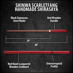 Shinwa ScarletFang Handmade Shirasaya / Samurai Sword - Double-Edged Blade; Exclusive Hand Forged Black Damascus Steel; Red Hand Lacquered Hardwood - Functional, Battle Ready, Ninja Sleek - Full Tang