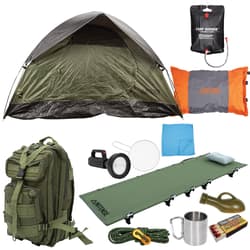 Camping gear set with tent, backpack, and essentials