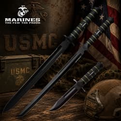 USMC-themed knives and helmet with flag background
