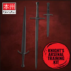 Three black training swords on a red background