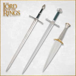 Three swords from The Lord of the Rings on a map background