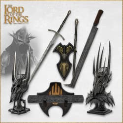 Collection of fantasy weapons and helmets with intricate designs