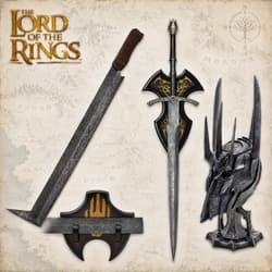 Collection of swords and a helmet on a map background with 'The Lord of the Rings' logo