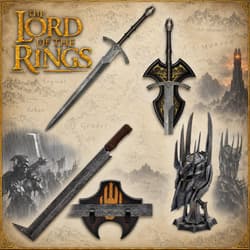 Collection of fantasy weapons and helmets with intricate designs