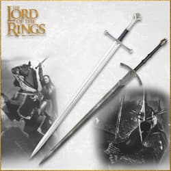 Two swords from Lord of the Rings with characters in background