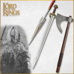 Lord of the Rings weapons with warriors in background
