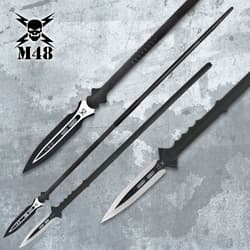 Three black spears with silver blades on textured background