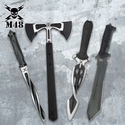Four tactical weapons on a textured background