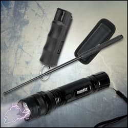 Pepper spray, baton, and stun gun on textured background