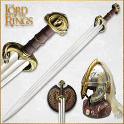 Sword and helmet from The Lord of the Rings with intricate designs