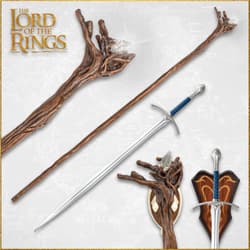 Wooden staff and sword with plaques on a map background