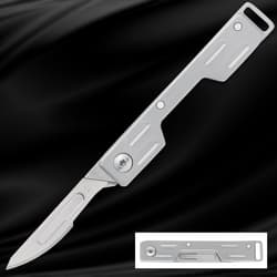 Silver folding knife with open blade on black background