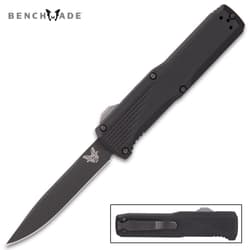 Black pocket knife with carbon coated blade and black aluminum handle. Top left corner "Benchmade."